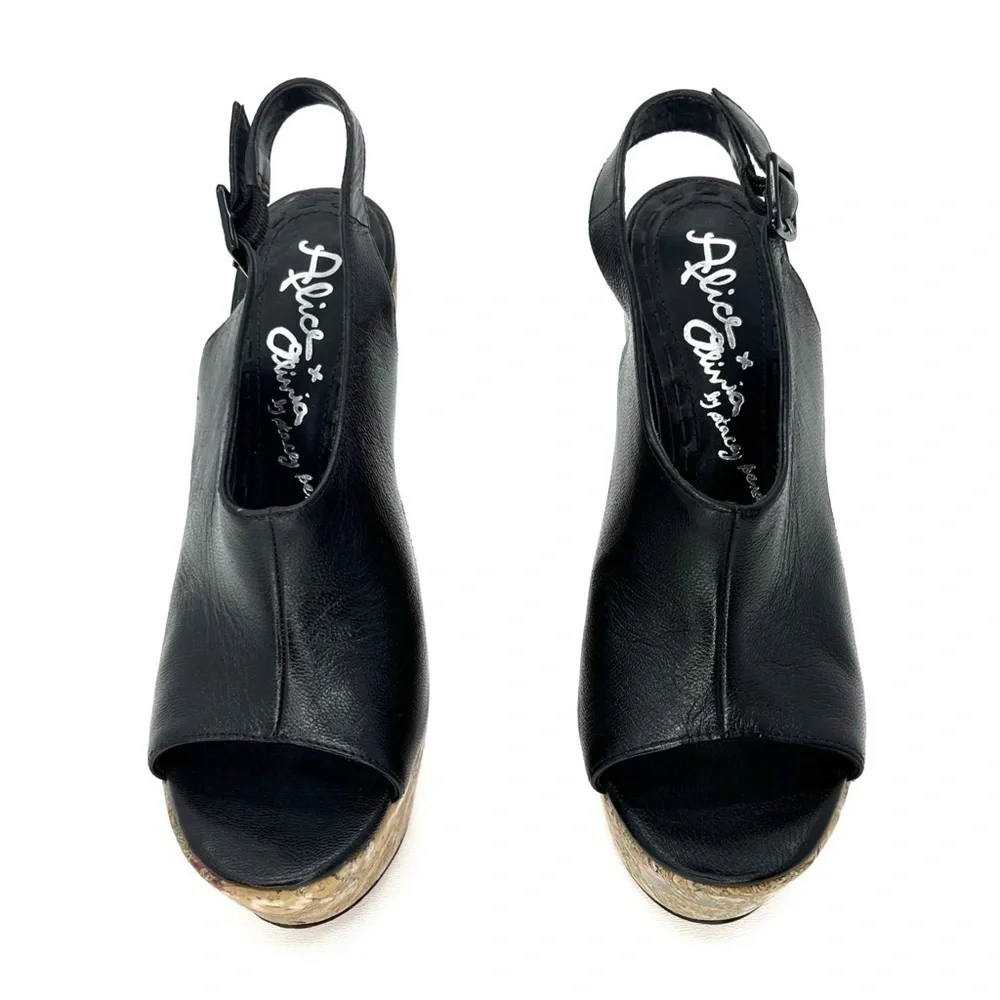 Alice + Olivia Sonia Platform Wedge Heels Black Leather Euro Size 37 = US 7 EUC